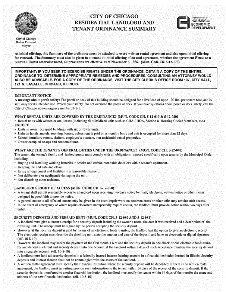 Chicago Security Deposit Receipt Form